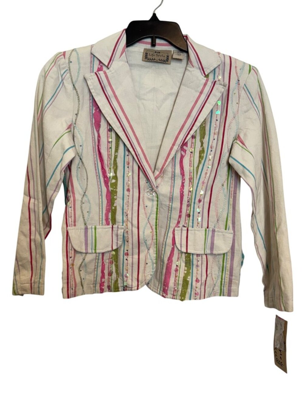 Colorful Striped Cotton Blazer With Sequins & Button Closure